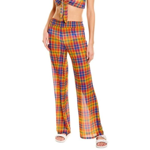 💕WEWOREWHAT💕 Plaid Print Smocked Mesh Pants ~ Swimsuit Coverup Large L NWT - Picture 4 of 16